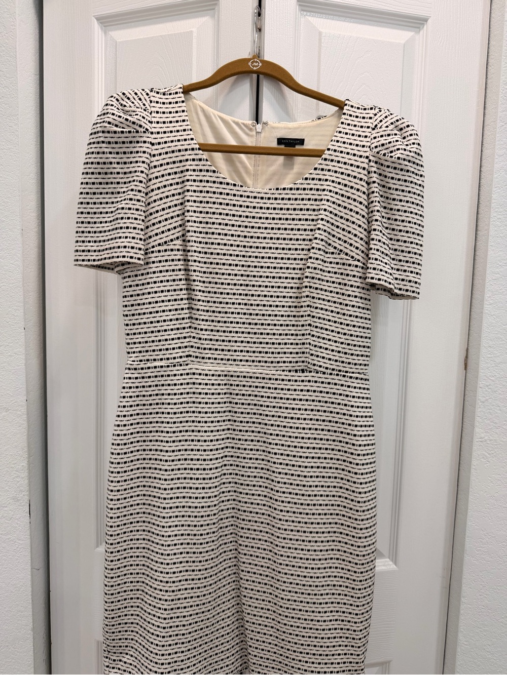 Ann Taylor Black and White Striped Scoop Neck Midi Dress